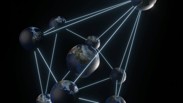 Interconnected globes rotating in space. Multiverse or parallel universe concept. 3D rendering animation in seamless loop.
