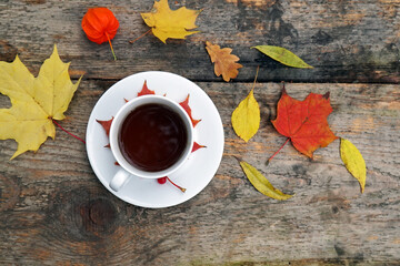 cup of tea on autumn foliage top view