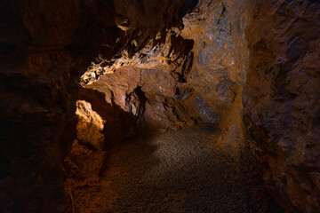 The interior of the cave. Ancient formations of stone. Touristic hiking route. Concept of excursions and attractions. (Cuceler magarasi) Tirilar, Sapadere, Alanya