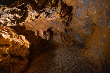 The interior of the cave. Ancient formations of stone. Touristic hiking route. Concept of excursions and attractions. (Cuceler magarasi) Tirilar, Sapadere, Alanya