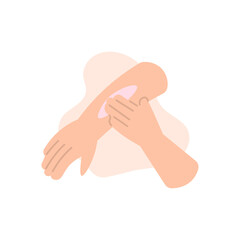 illustration of a hand applying lotion to the other hand. skin care, wearing sunscreen, moisturizing the skin. vitamin. flat cartoon style. vector design