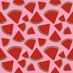 Seamless watermelons pattern.Triangular slices of juicy watermelon.