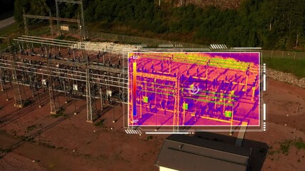 Thermal camera drone analyzing a electrical power station - 3d render animation - Powered by Adobe