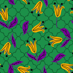 Abstract Hand Drawing Oriental Traditional Tulips and Leaves Seamless Vector Pattern with Moroccan Tile Background