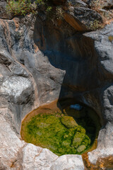 Vertical photo. Sapadere canyon and waterfall, Nature, Travel and vacation concept. Summer sunny day. Alanya Turkey
