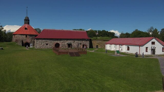A long panning view of Museum fortress korela in which green foliage enhancing its charms, Russia.