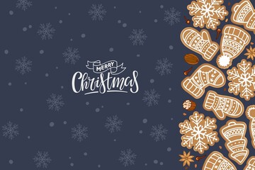 Merry Christmas card with Gingerbread cookies border and handwritten lettering. Traditional Christmas baking with glaze drawing on snowy dark blue background. Flat vector isolated.