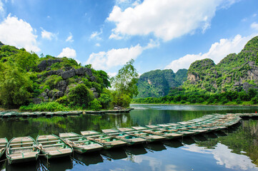 Boat dock landscape at Trang An tourist area, Ninh Binh, Vietnam 