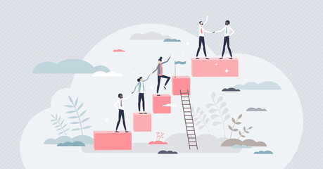 Onboarding new staff member and company work training tiny person concept. Employee career ladders and job guide or task explanation steps vector illustration. Manager qualification or growth process. - obrazy, fototapety, plakaty