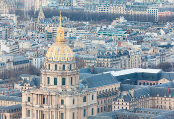 Fototapeta na wymiar Golden cupola of Les Invalides . Central 7th arrondissement of Paris . Aerial view of Paris downtown 