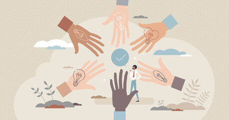 Sharing ideas with creative and innovative teamwork power tiny person concept. Connecting together various thoughts and brainstorming new solution vector illustration. Partnership and collaboration.