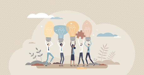 Sharing ideas with creative and innovative teamwork bulbs tiny person concept. Connecting together various thoughts and brainstorming new solution vector illustration. Partnership and collaboration.