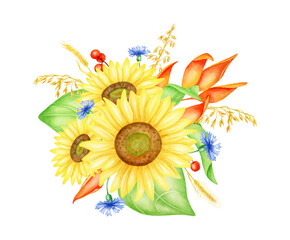 Bright autumn bouquet illustration. Hand painted watercolor sunflowers, cornflowers, spikelets, red berries and leaves. Autumn wedding floral arrangement. Bunch of yellow flowers isolated on white.