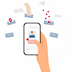 receive and reply to email. Holds a phone in his hand and communicate via the Internet online, make an appointment, read work and personal materials. Flat vector illustration on a white background