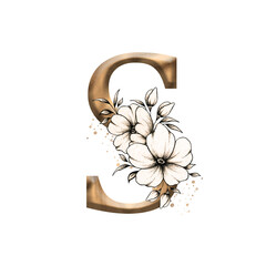 Graphic floral alphabet, gold letter S with vintage flowers bouquet composition, unique monogram initial perfect for wedding invitations, greeting card, logo, poster and other designs 