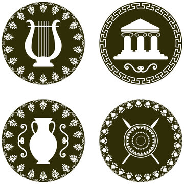 Set of antique logos with amphora, temple, shield and spears, cithern. The symbols of Greece