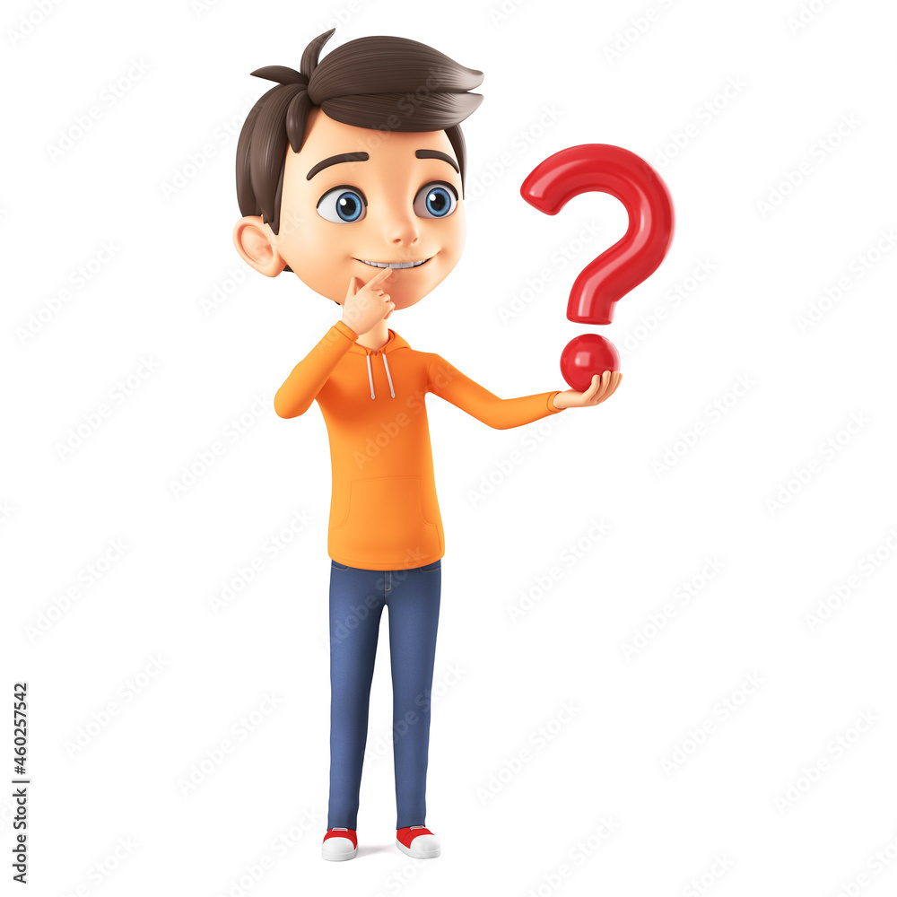 Wall mural character cartoon boy in an orange sweatshirt holding a big question mark on a white isolated backgr