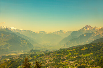 Mountain View over City of Sion in a Sunny Summer Day From Crans Montana in Valais, Switzerland.