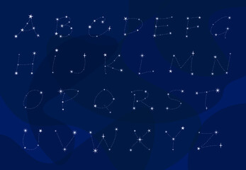English alphabet on a background of the night sky