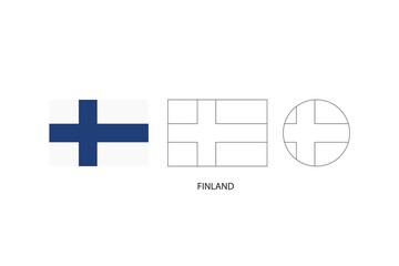 Finland flag 3 versions, Vector illustration, Thin black line of rectangle and the circle on white background.