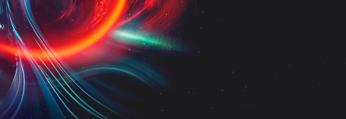 Bright abstract background, banner with abstract elements. Neon fantastic background, space background. Futuristic neon banner, bright multicolored lines, rays. 