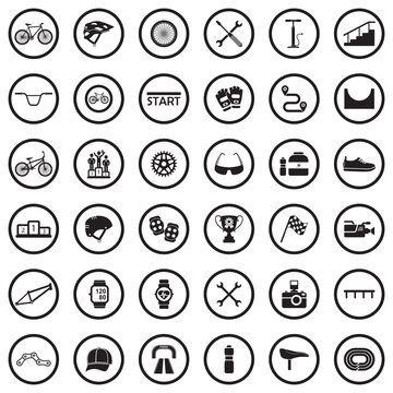 Biking Icons. Black Flat Design In Circle. Vector Illustration.