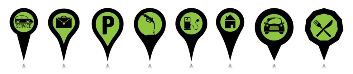GPS location pinpoint set with icon design set. Route guide marker collection with car, charging station, restaurant, briefcase, fuel pump, house icons.