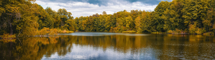 Autumn background forest lake banner panoramic