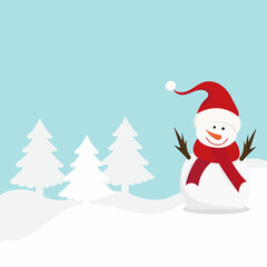 snowman in winter forest in flat style, isolated vector
