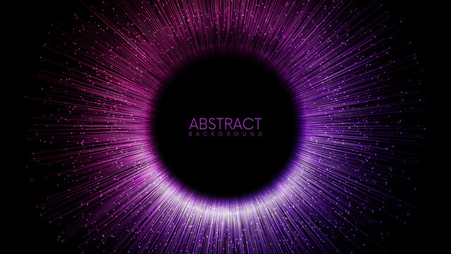 Rays or lines with glowing particles fly out of black hole. Abstract vector background with place for your content. Easy to change colors