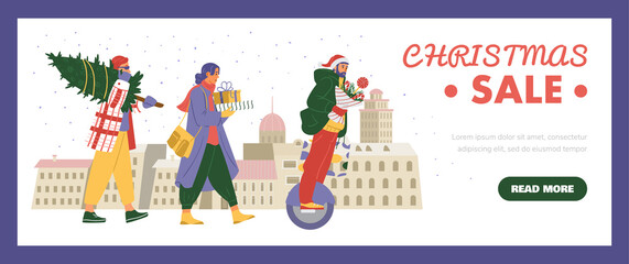 Christmas sale horizontal vector banner. People walking with gift boxes, Christmas tree, man riding mono wheel with winter bouquet.