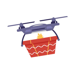 Drone delivering gift flat vector illustration. Isolated on white.