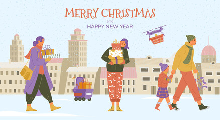 Merry Christmas banner with people walking holding gifts. winter city at the background flat vector illustration.