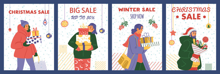 Fototapeta premium Vector set of Christmas sale cards with happy people holding gift boxes.