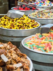 Pile of colorful candies at a candy shop
