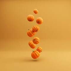 Flying Orange halloween pumpkins on orange background, holiday decoration. 3d render