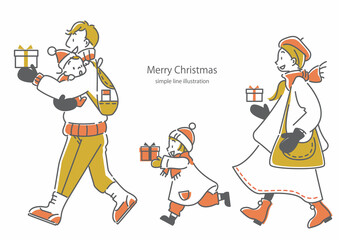 クリスマスシーズンにお出かけをしてプレゼントを買う4人家族のシンプルでお洒落な線画イラスト