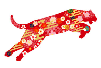 2022年寅年年賀状-赤色和柄寅