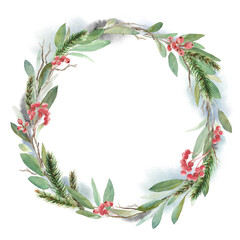 Watercolor Christmas wreath with fir, leaves and dry branches. Hand painted holiday frame with plants isolated on white background. Floral illustration