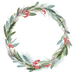 Watercolor Christmas wreath with fir, leaves and dry branches. Hand painted holiday frame with plants isolated on white background. Floral illustration