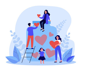 Tiny volunteers collecting hearts in donation jar. Generous child, adult people volunteering, giving love vector illustration. Charity, support concept for banner, website design or landing web page