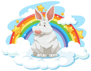 Cute rabbit on the cloud with rainbow