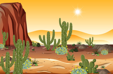 Desert forest landscape at sunset time scene with many cactuses