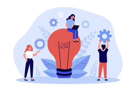 Creative idea, working process of business people team. Tiny man and woman characters standing, working with laptop near lightbulb flat vector illustration. Teamwork on new idea creation concept