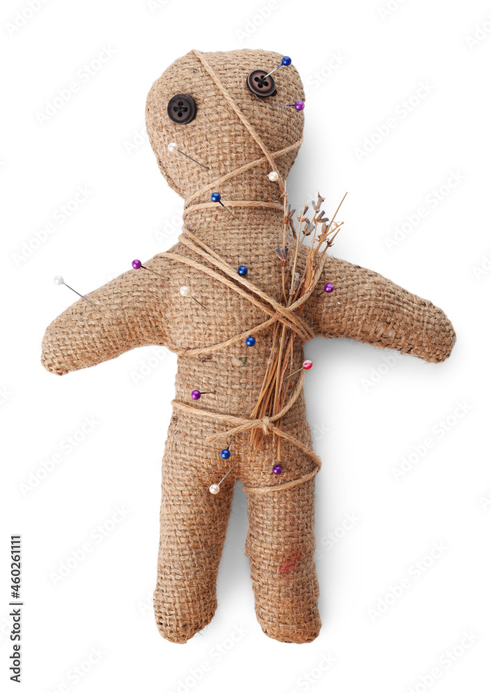 Wall mural Voodoo doll with pins and dried flowers isolated on white