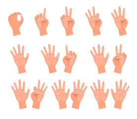 Hands of people counting vector illustrations set. Drawings of cartoon person showing numerals using or bending number of fingers isolated on white background. Gestures, education concept