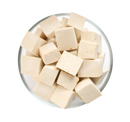 Glass bowl with delicious tofu isolated on white, top view