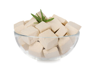 Glass bowl with delicious tofu and rosemary isolated on white