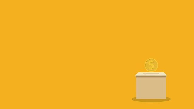 Donate, donation concept. Human hand with gold coin and donation box.	