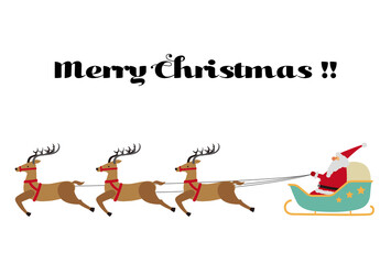 3匹のトナカイがひくソリに乗るサンタクロースのシンプルイラスト